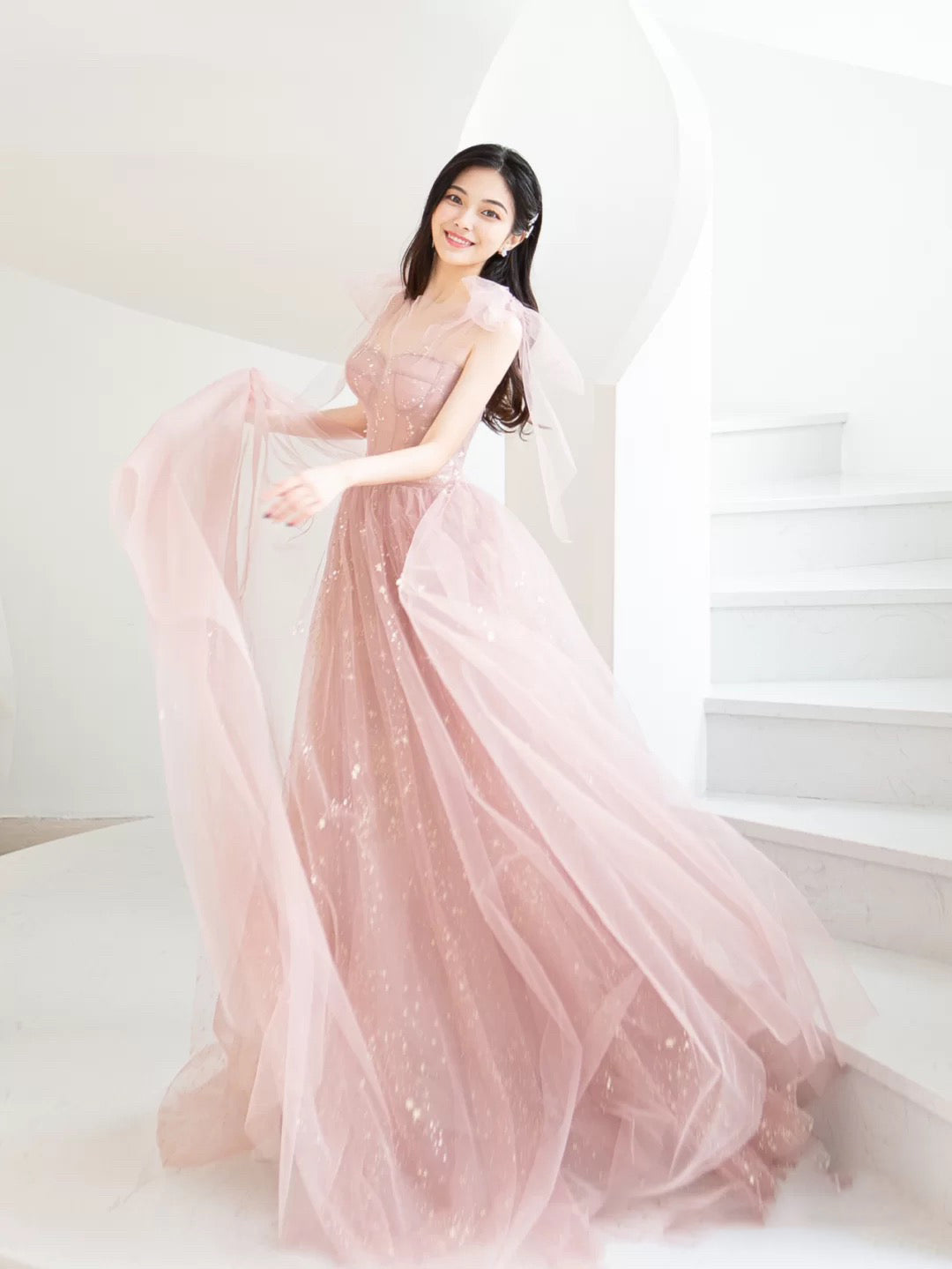 pink long party dress Pink v neck satin long prom dress pink evening dress