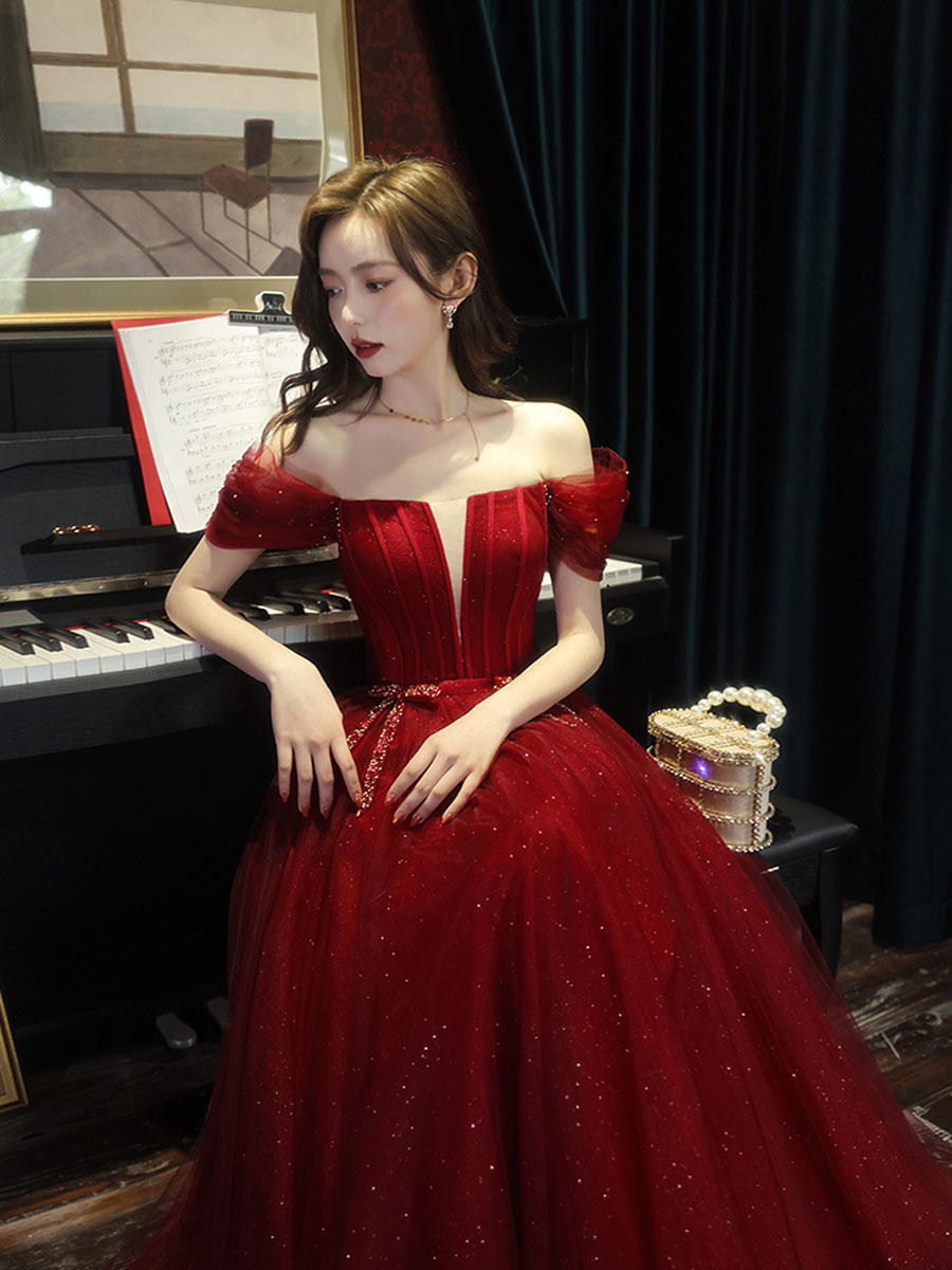 burgundy tulle prom dress Burgundy tulle off shoulder long prom dress, burgundy evening dress