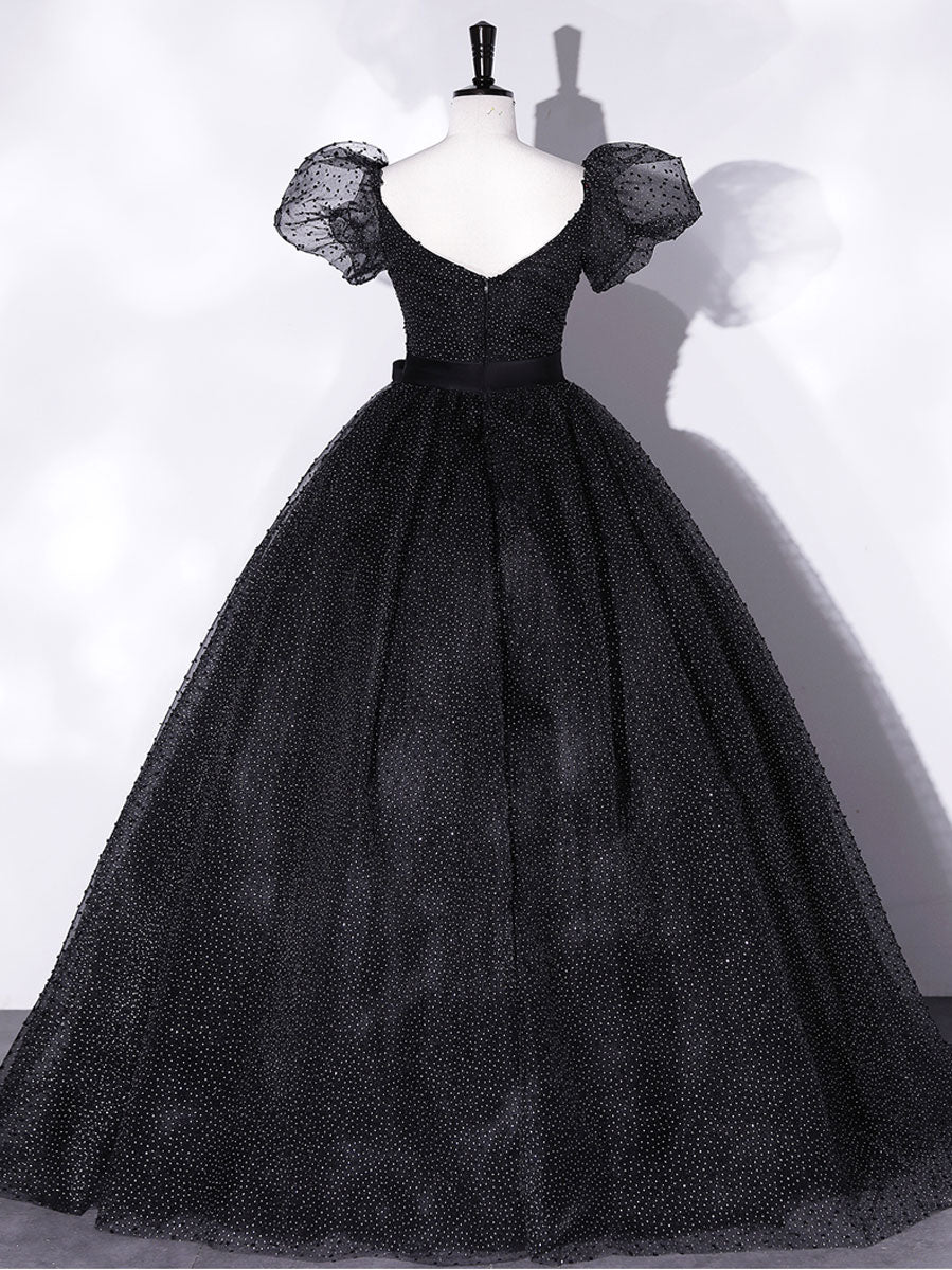 Black tulle long prom dress, black puff sleeves long sweet 16 dress – toptby