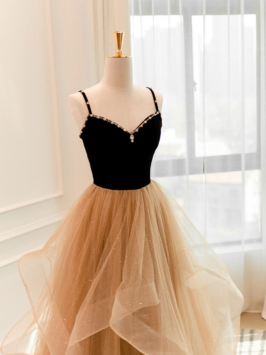 A-Line Champagne Tulle Long Prom Dress, Champagne Evening Dresses