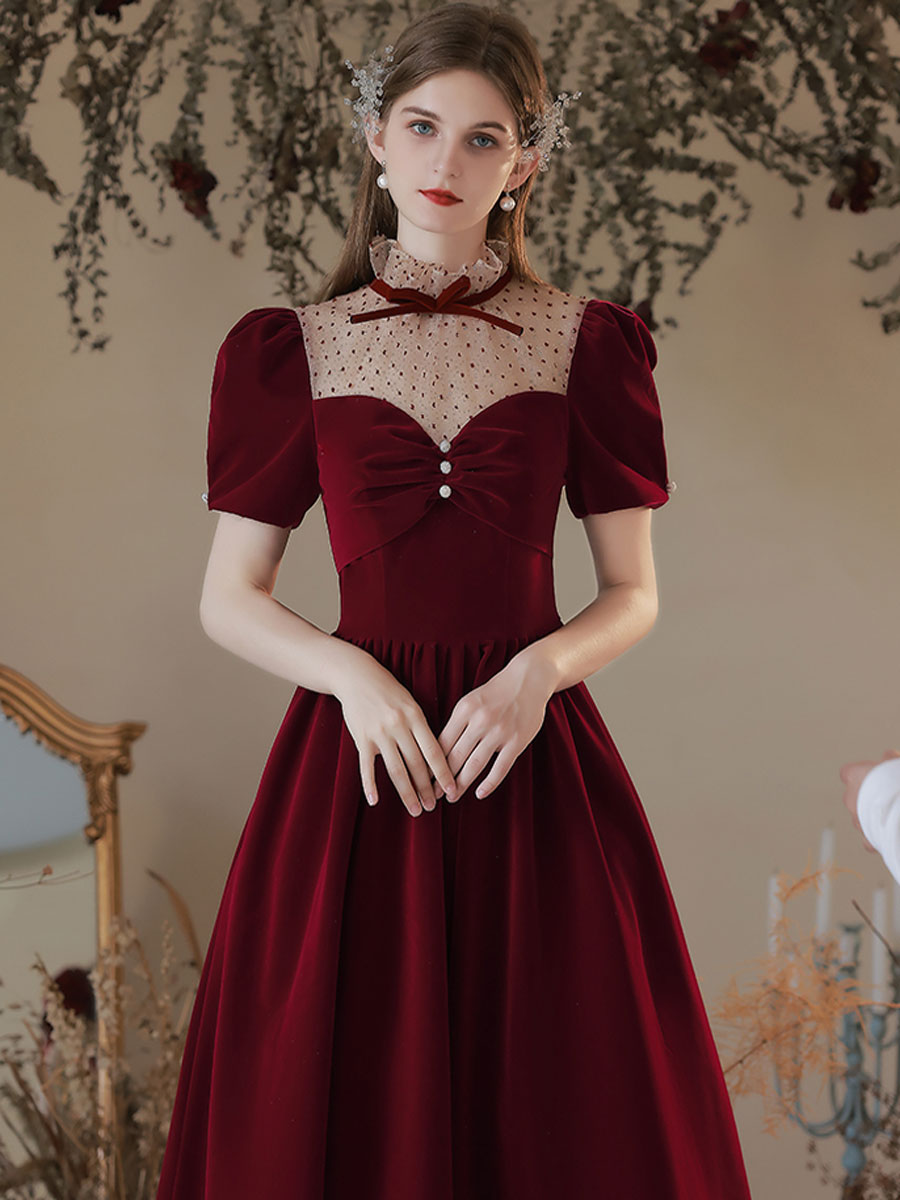 A line Velvet Tea Length Burgundy Prom Dresses, Formal Burgundy Velvet toptby A line Velvet Tea Length Burgundy Prom Dresses, Formal Burgundy Velvet toptby
