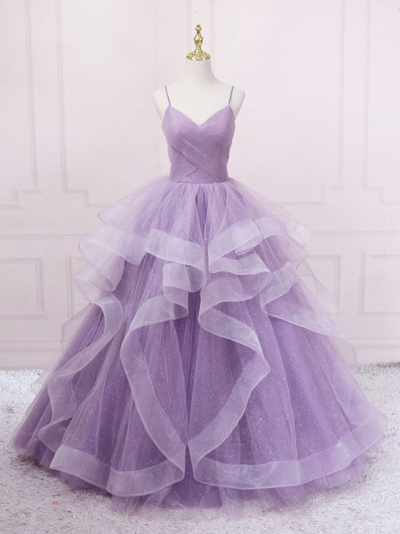 Purple v neck tulle long prom dress, purple tulle formal party dress