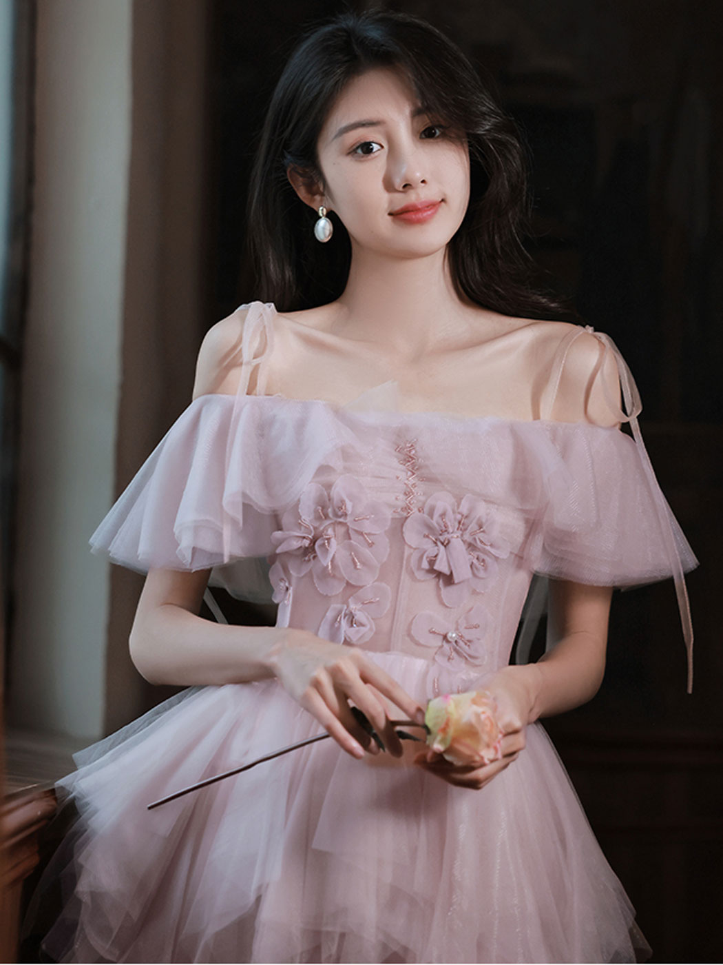 Romantic Pastel Baby Pink Tulle Tube Crop Top off Shoulder Puff