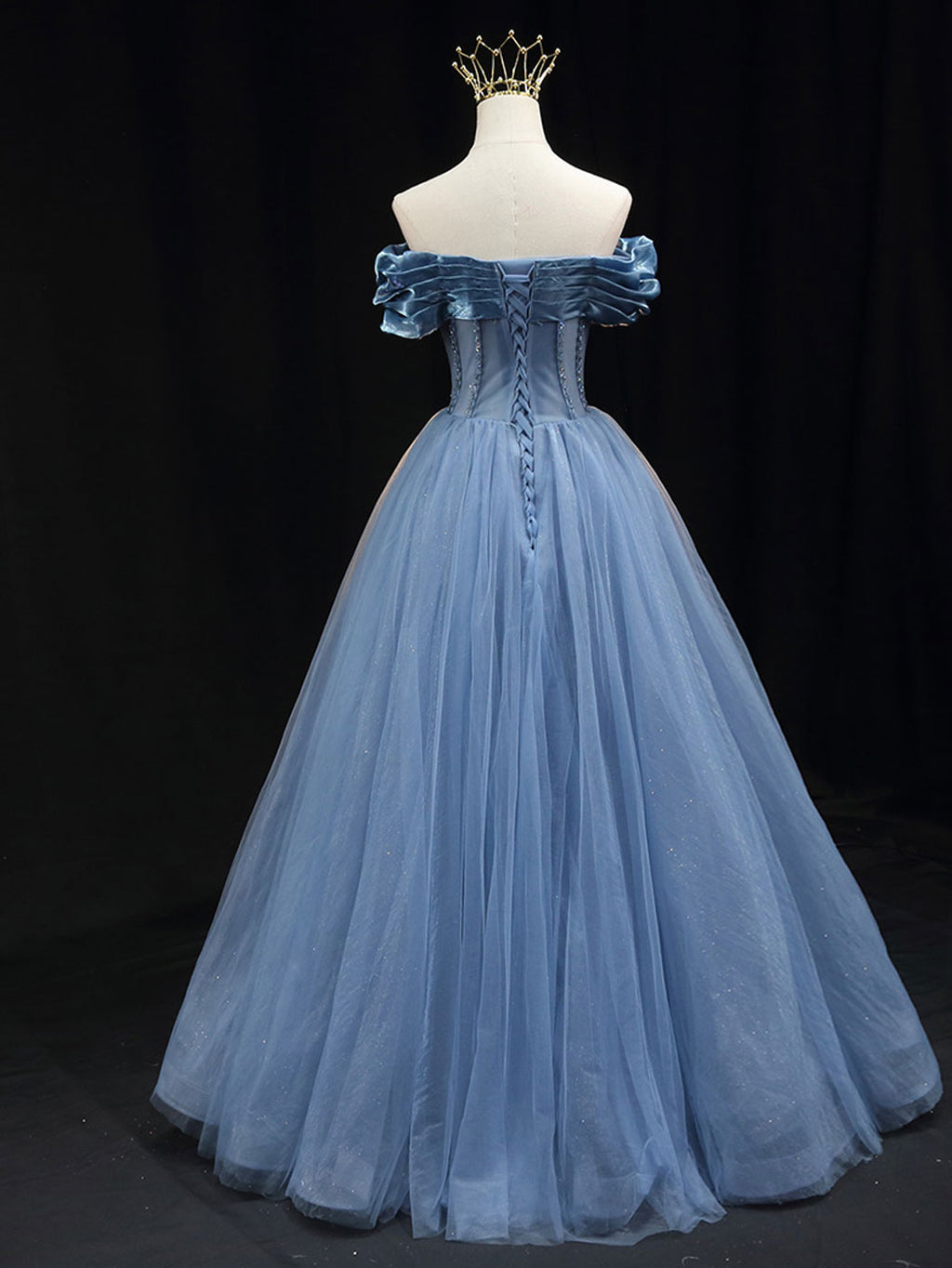 Blue off shoulder tulle long prom dress, blue tulle formal dress – toptby