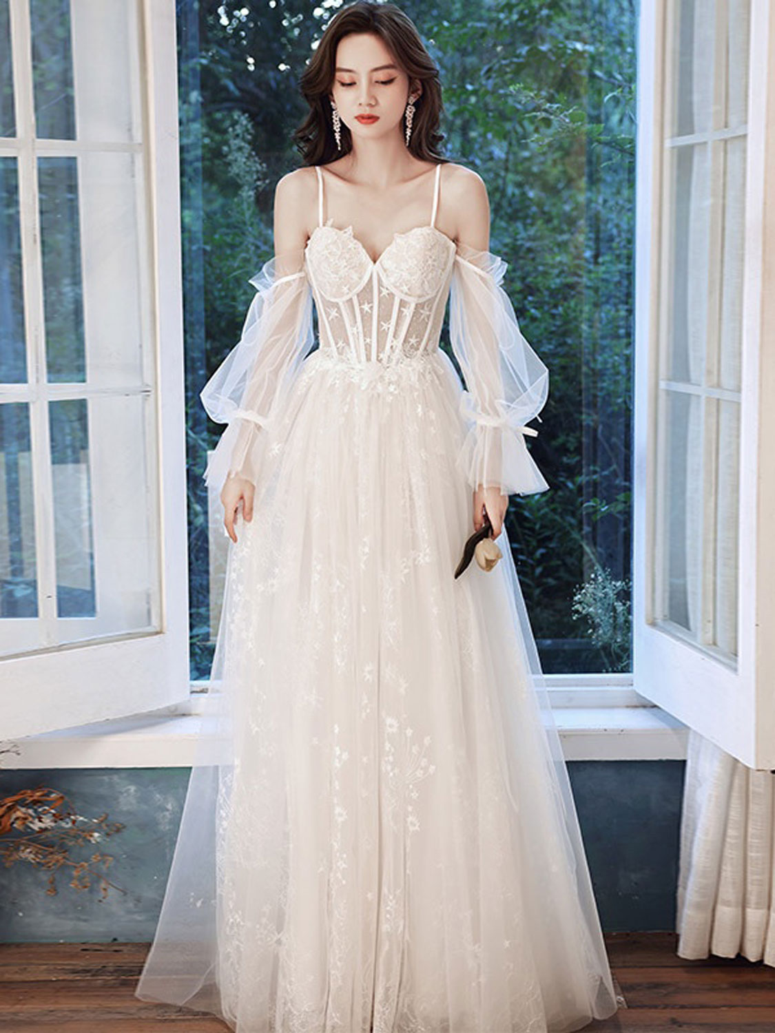 ivory tulle prom dress V-Neck Ivory Appliques Tiered Tulle Prom Dress with Flying Sleeves FancyVestido