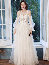 A line ivory tulle lace long prom dress, lace evening dress