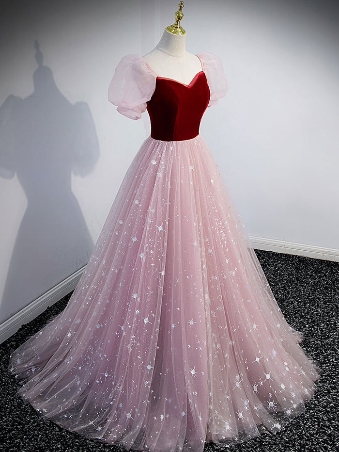 Simple pink A line tulle long prom dress, pink evening dress