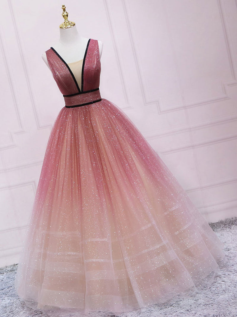 Simple v neck burgundy tulle long prom dress, tulle formal dress