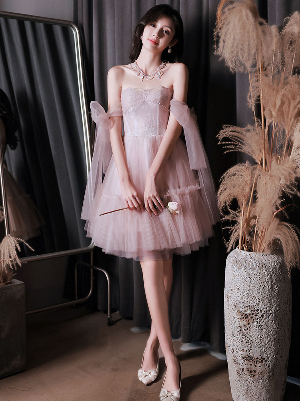 Pink tulle off shoulder short prom dress pink evening dress toptby Pink tulle off shoulder short prom dress pink evening dress toptby