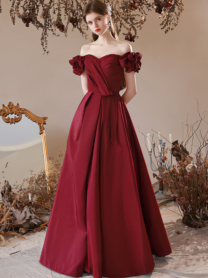 Burgundy Off Shoulder Satin Long Prom Dresses, Burgundy Formal Evening Dress