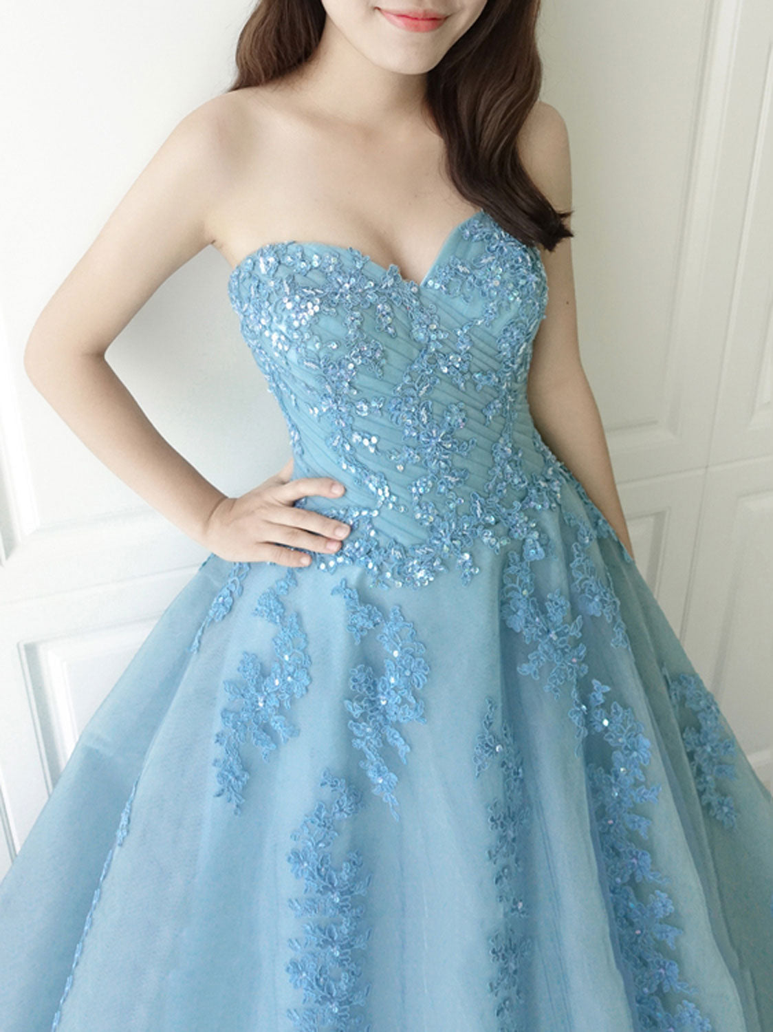 Blue sweetheart neck tulle lace long prom dress, blue tulle formal dress