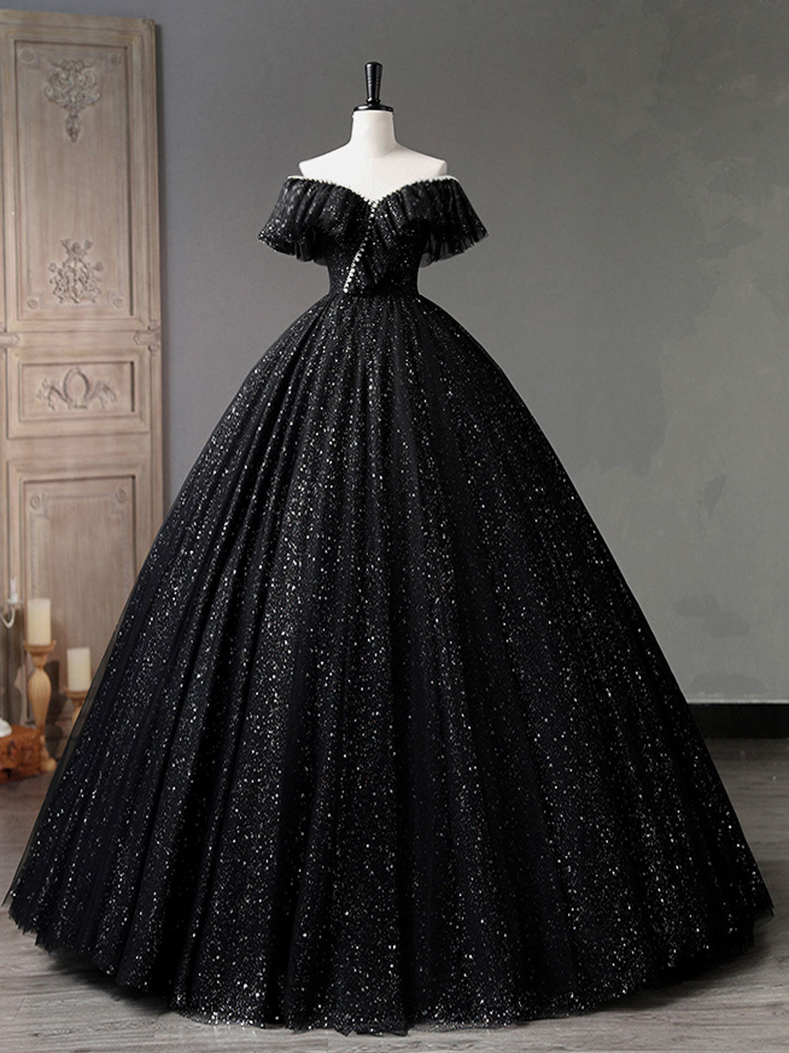 Black Off Shoulder Tulle Long Prom Dress, Black Formal Evening Dresses
