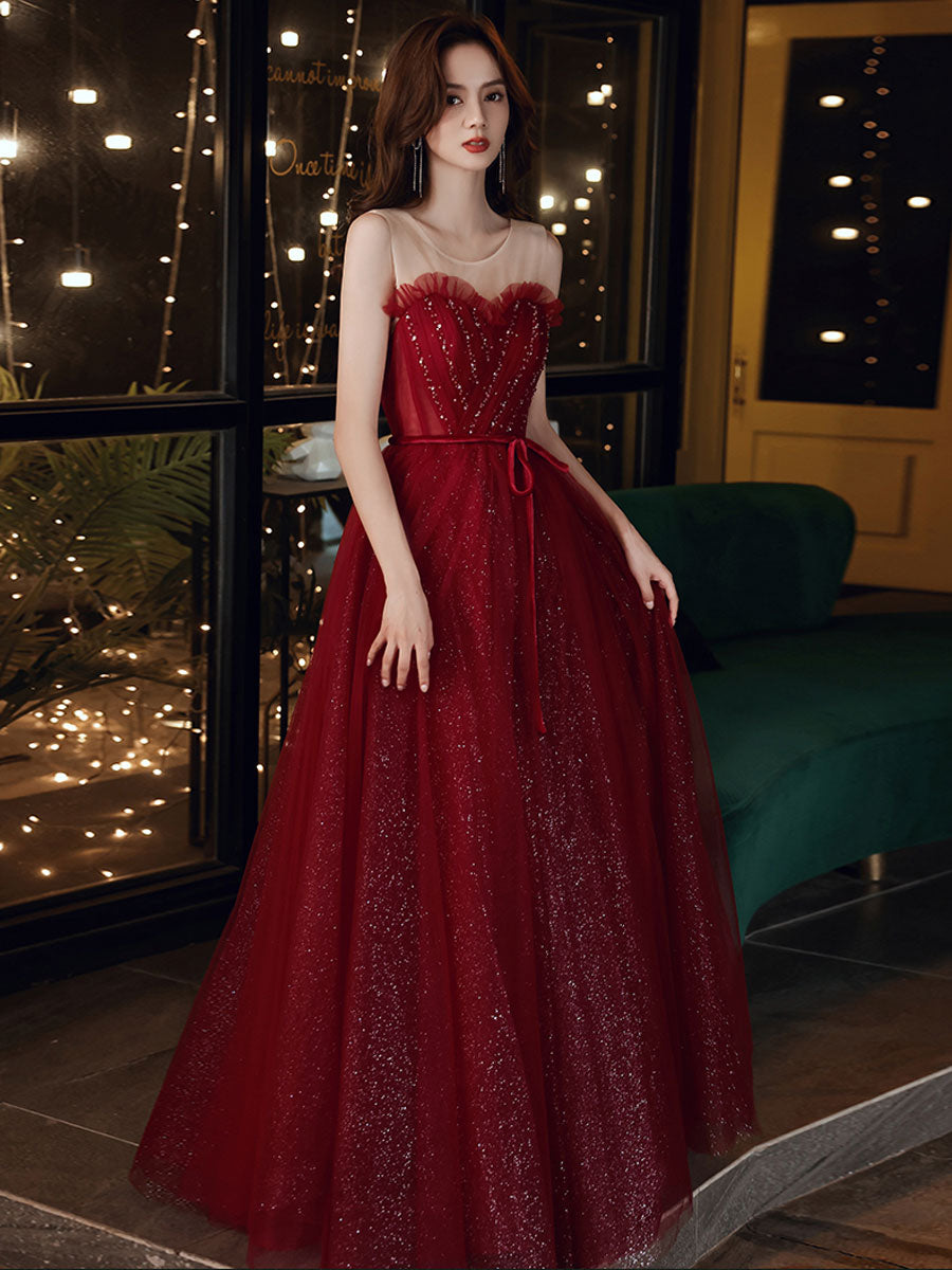 Burgundy A line tulle sequin long prom dress, burgundy evening dress