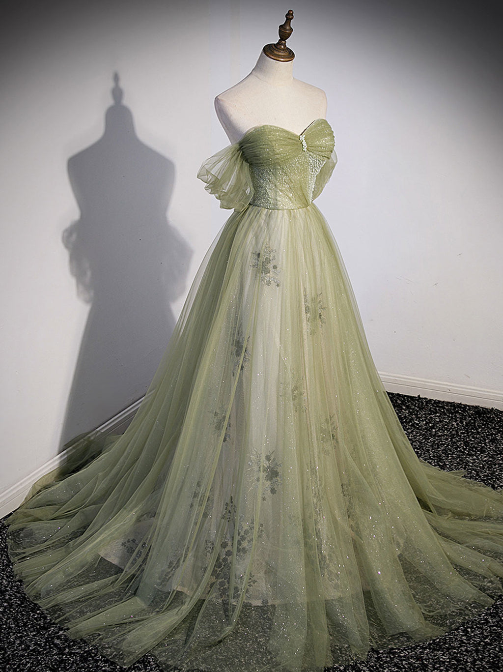 Aline Green Long Prom Dress, Green Tulle Formal Evening Dress – toptby