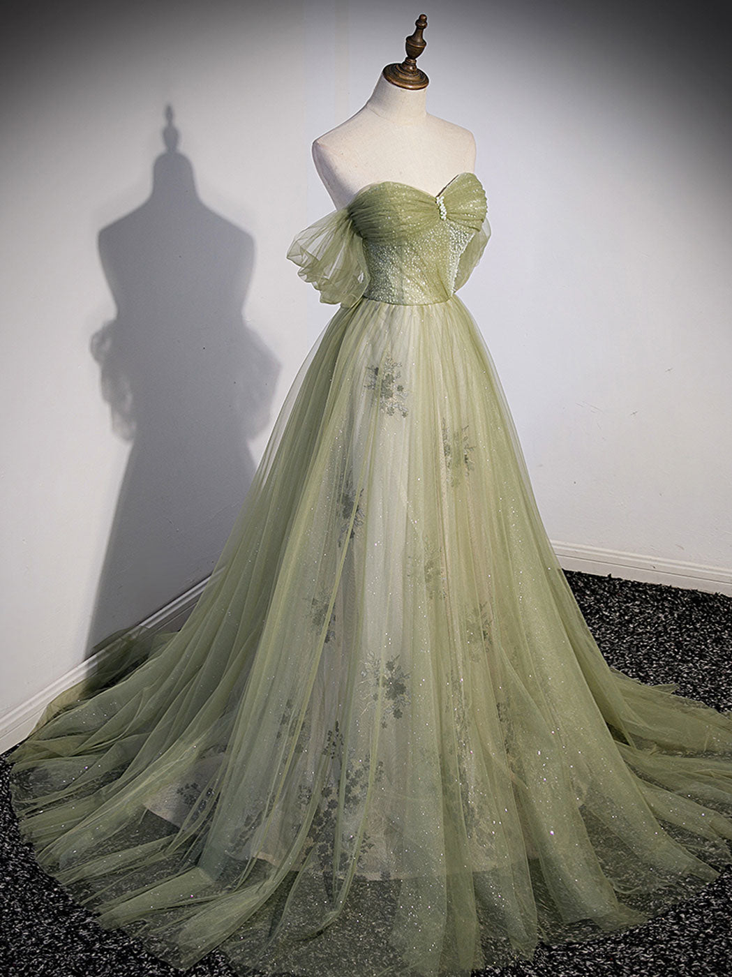 Aline Green Long Prom Dress, Green Tulle Formal Evening Dress toptby Aline Green Long Prom Dress, Green Tulle Formal Evening Dress toptby