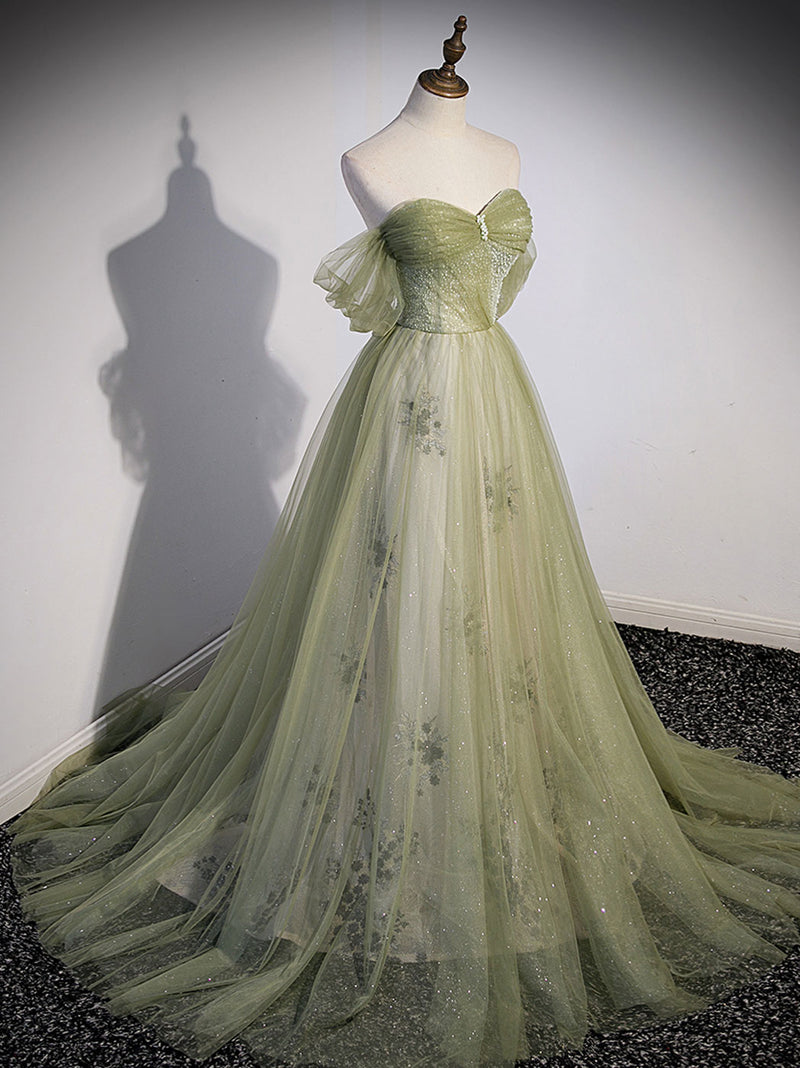 Aline Green Long Prom Dress, Green Tulle Formal Evening Dress