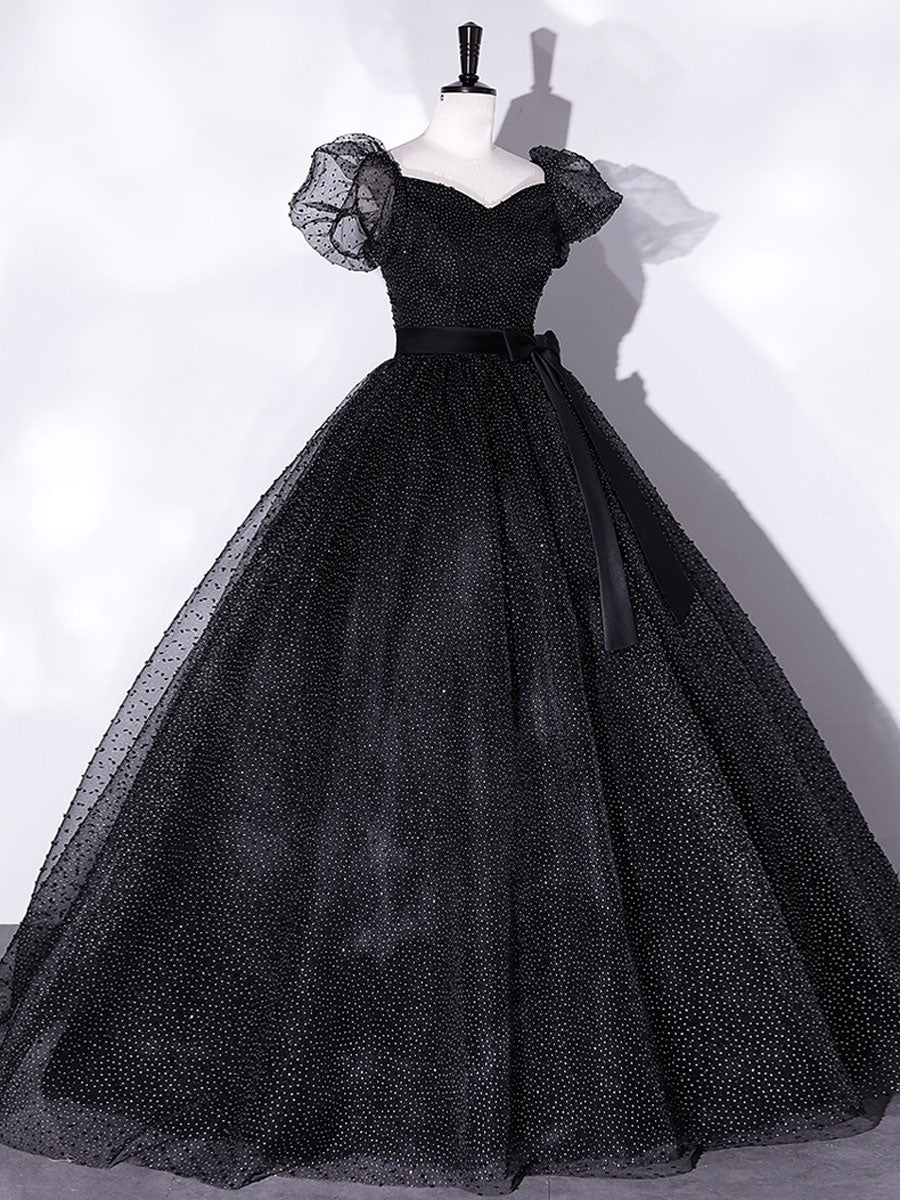 Black tulle long prom dress, black puff sleeves long sweet 16 dress toptby Black tulle long prom dress, black puff sleeves long sweet 16 dress toptby