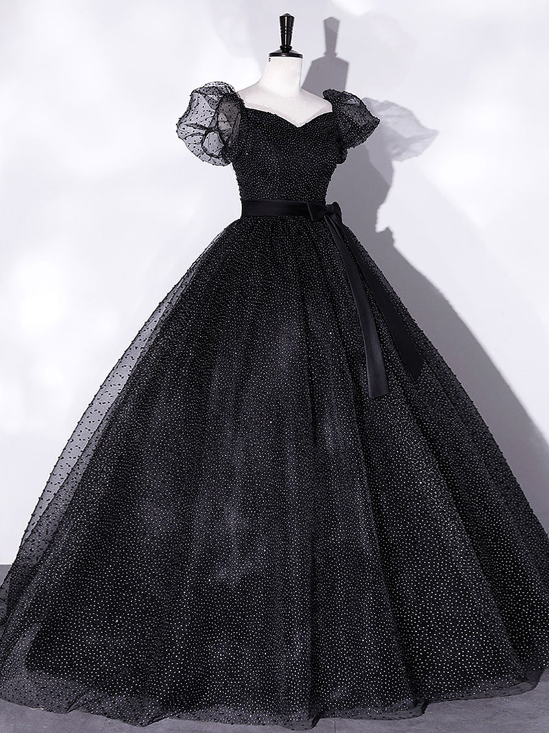 Black tulle long prom dress, black puff sleeves long sweet 16 dress toptby Black tulle long prom dress, black puff sleeves long sweet 16 dress toptby