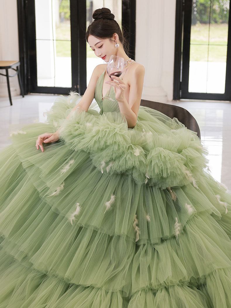 Green v neck tulle long prom dress, green tulle formal evening dress toptby Green v neck tulle long prom dress, green tulle formal evening dress toptby
