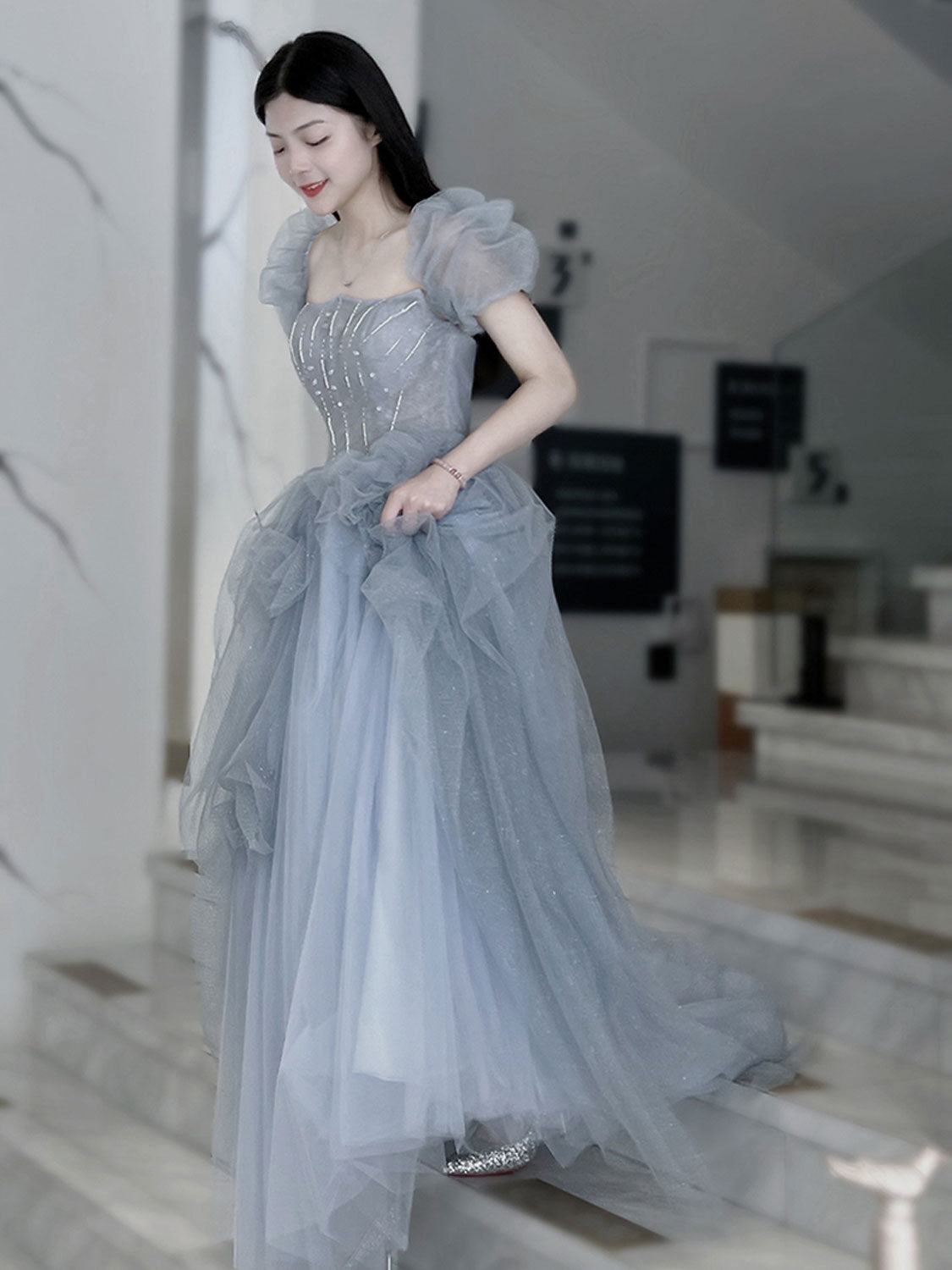 Gray blue beads long prom dress gray tulle formal dress
