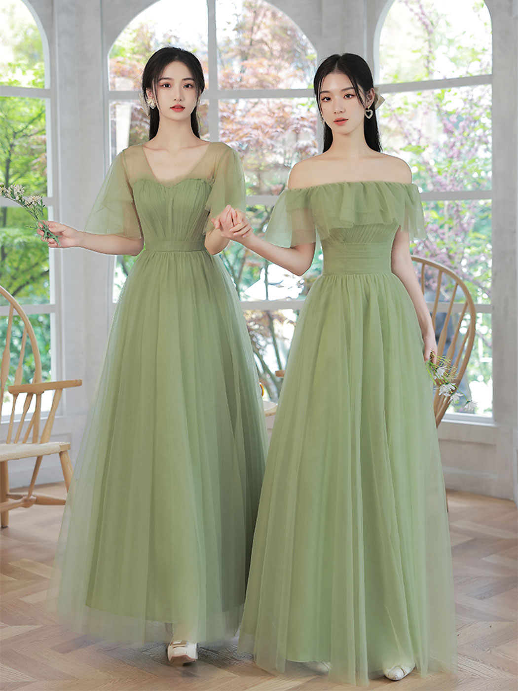 Green A line off shoulder long prom dress, green bridesmaid dress – shdress