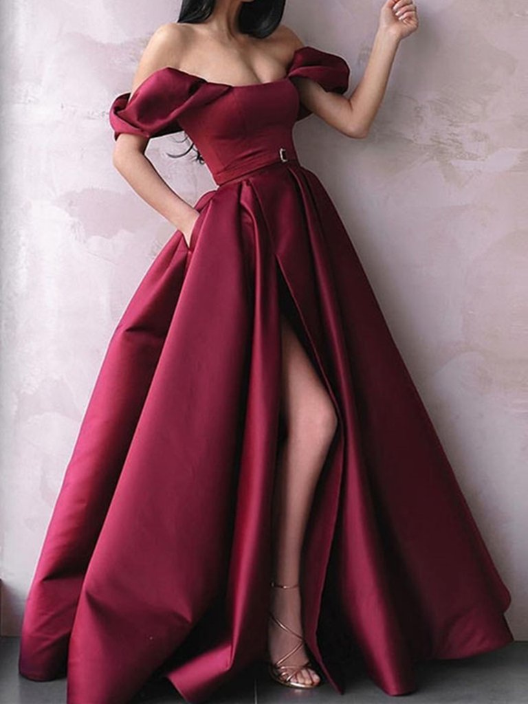 Simple burgundy satin long prom dress off shoulder burgundy evening dress
