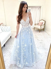 Blue v neck tulle lace long prom dress blue tulle formal dress