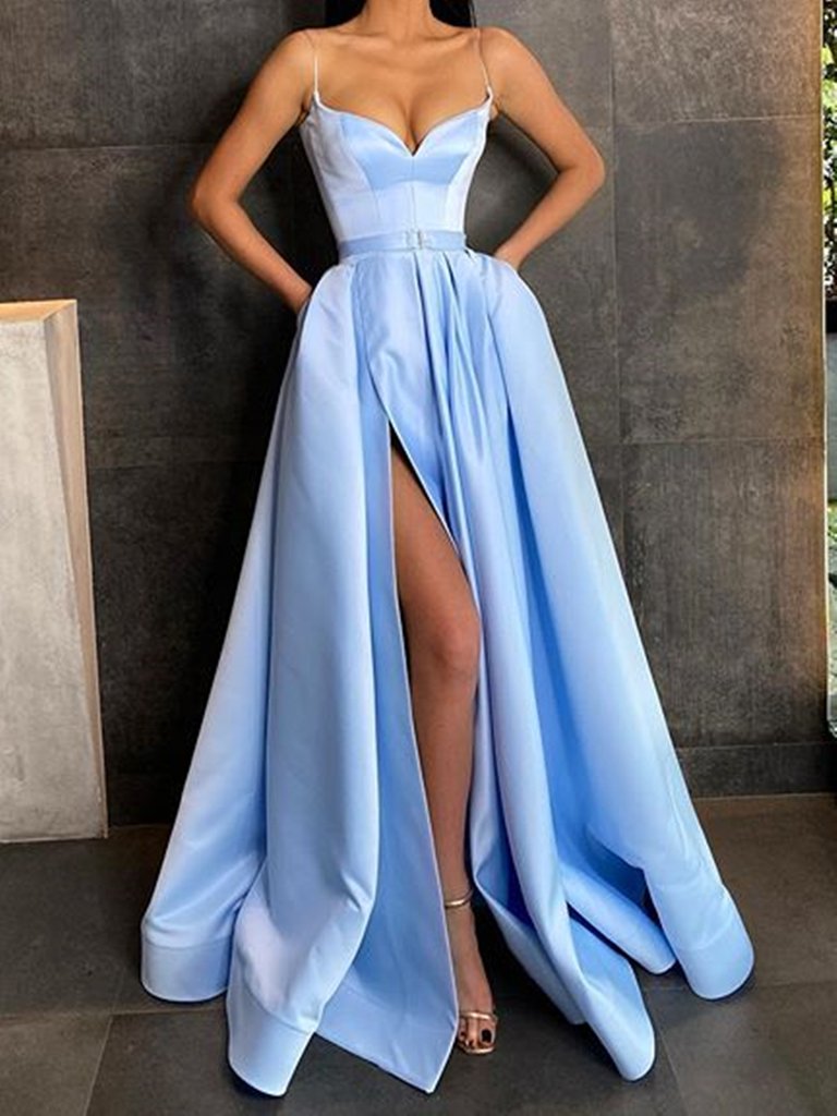 Simple blue satin A-line long prom dress blue bridesmaid dress