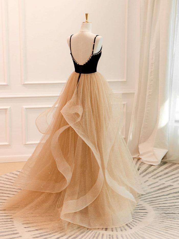 A-Line Champagne Tulle Long Prom Dress, Champagne Evening Dresses
