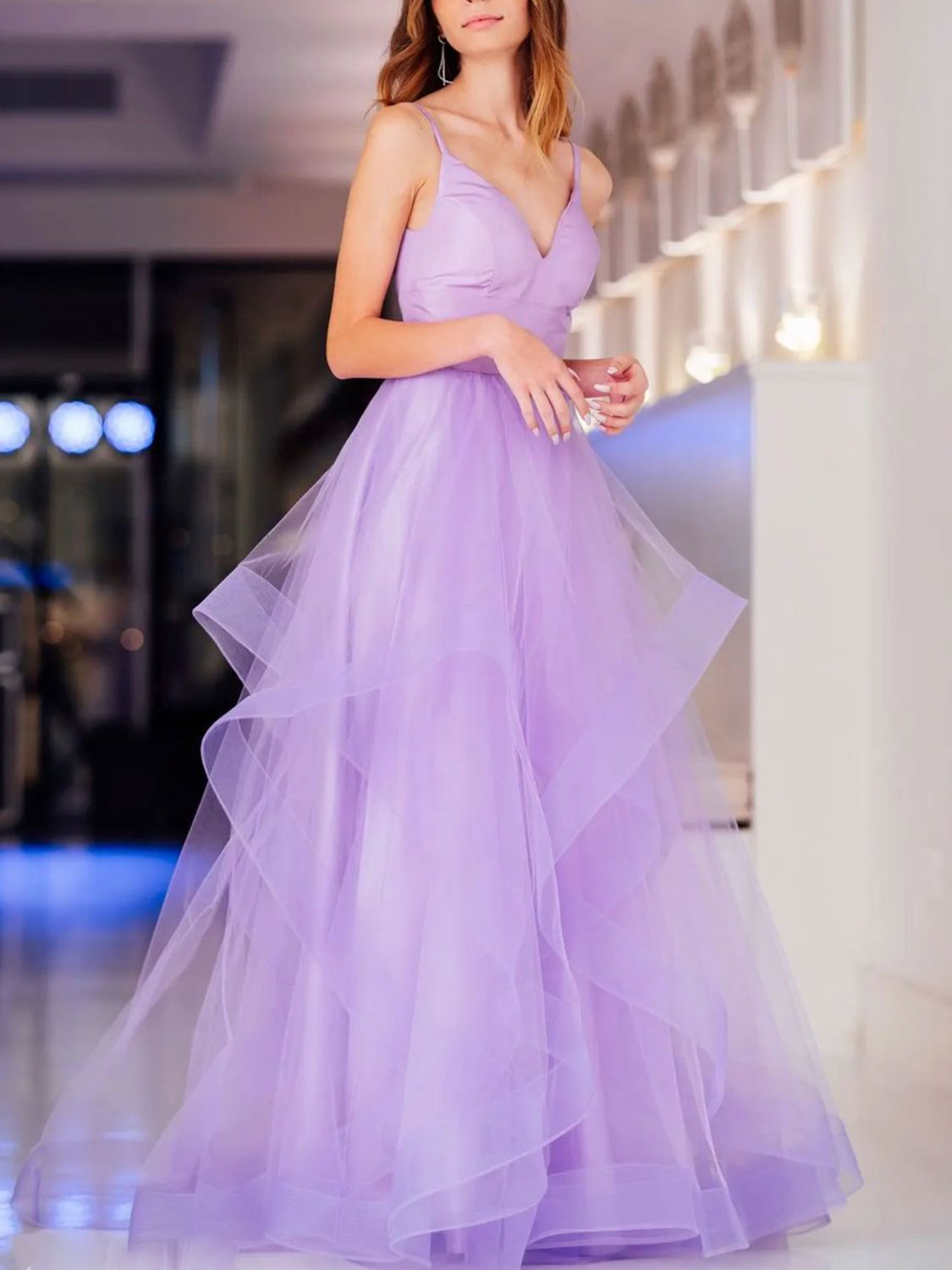 Purple v neck tulle long prom dress, purple sweet 16 dress