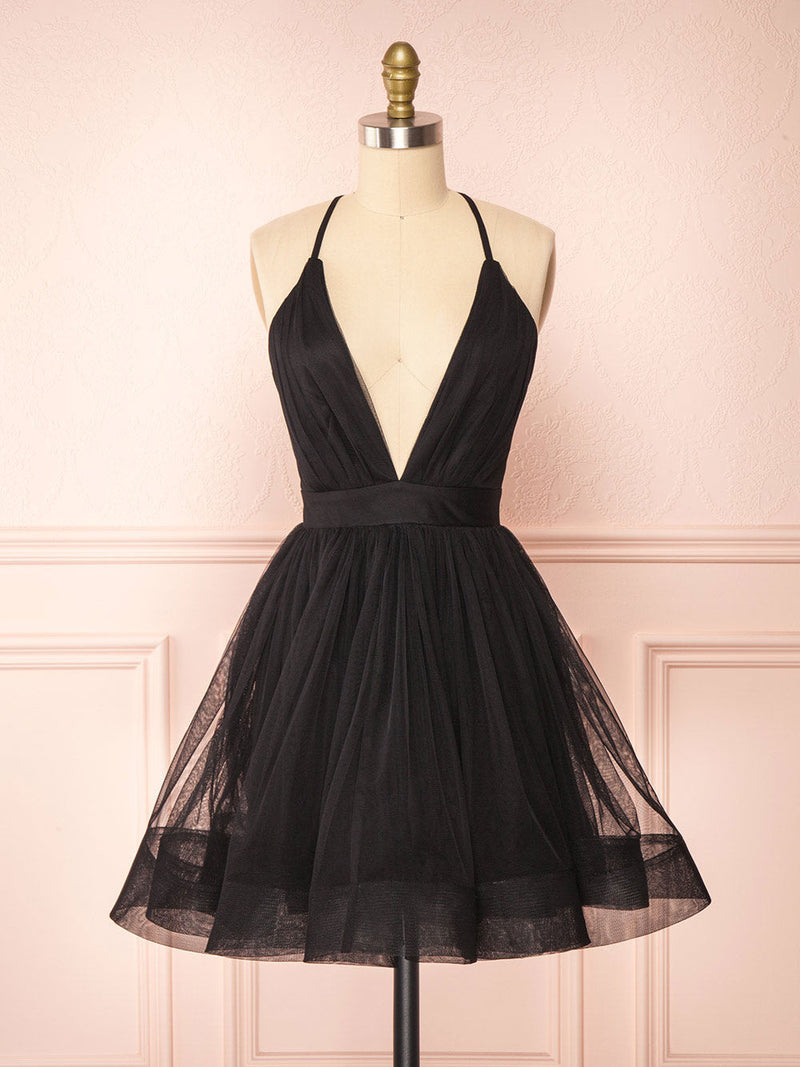 Simple v neck black short prom dress black homecoming dress