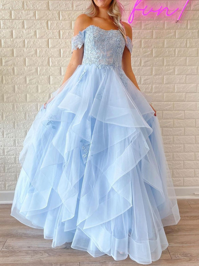 Blue Off Shoulder Tulle Lace Long Prom Dress, Blue Lace Graduation Dresses