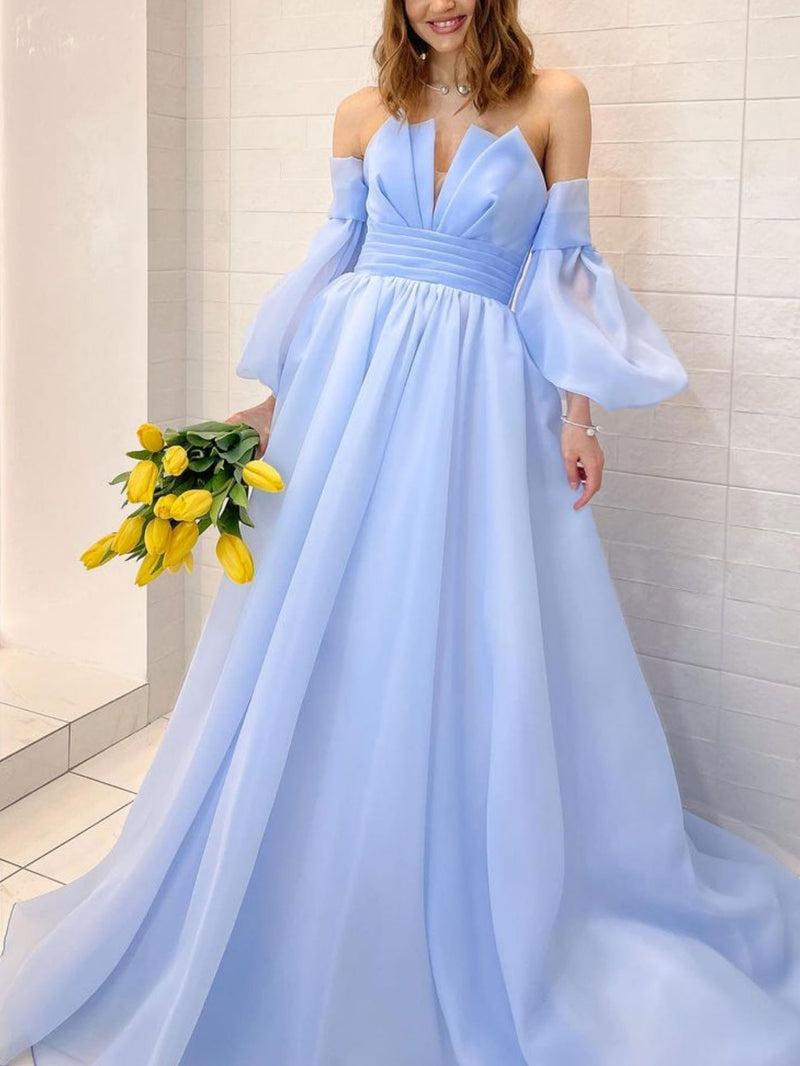 A line blue long prom dress, Organza formal blue evening dress – toptby