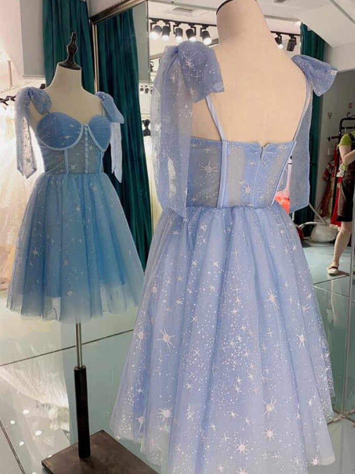 Blue Short Prom Dresses, Shiny Blue Formal Homecoming Dresses