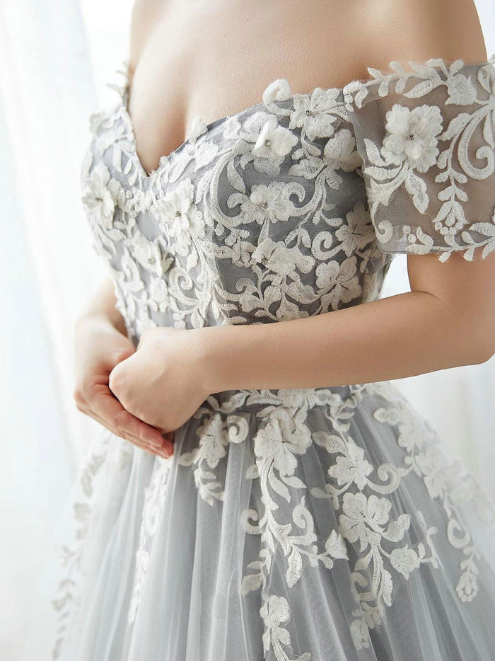 A-Line Gray Tulle Lace Long Prom Dresses, Gray Formal Evening Dress
