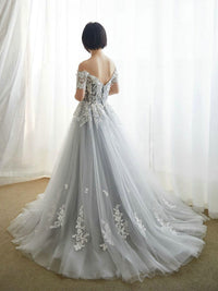 A-Line Gray Tulle Lace Long Prom Dresses, Gray Formal Evening Dress