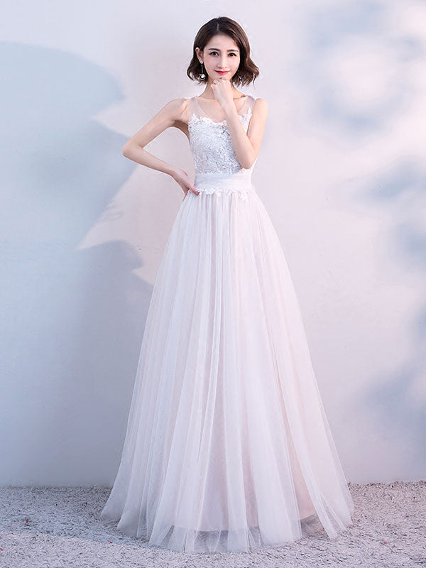 White lace tulle long prom dress, white evening dress