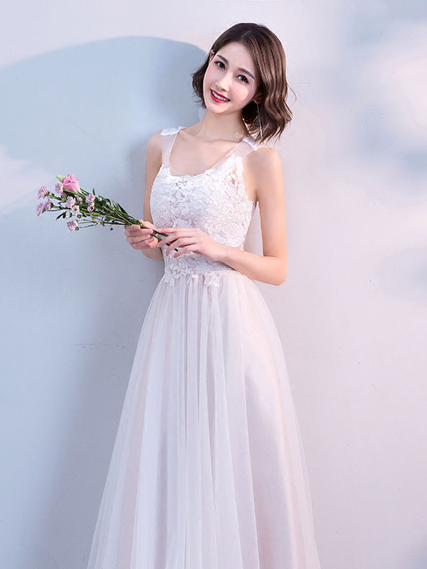White lace tulle long prom dress, white evening dress