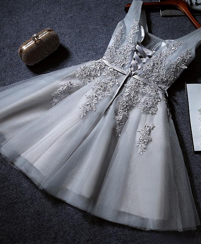 Gray tulle lace short prom dress, gray tulle homecoming dress