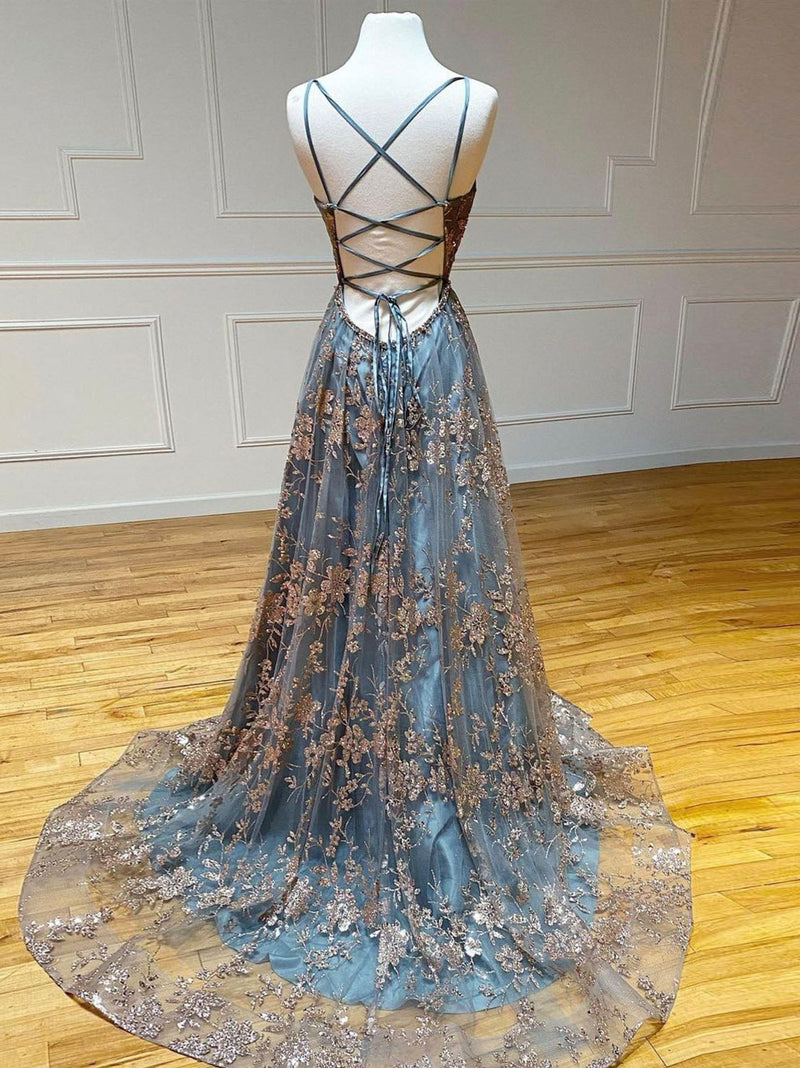 Unique v neck tulle sequin long prom dress, tulle formal dress