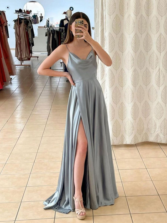 Gray Aline satin long prom dress, Gray long formal dress