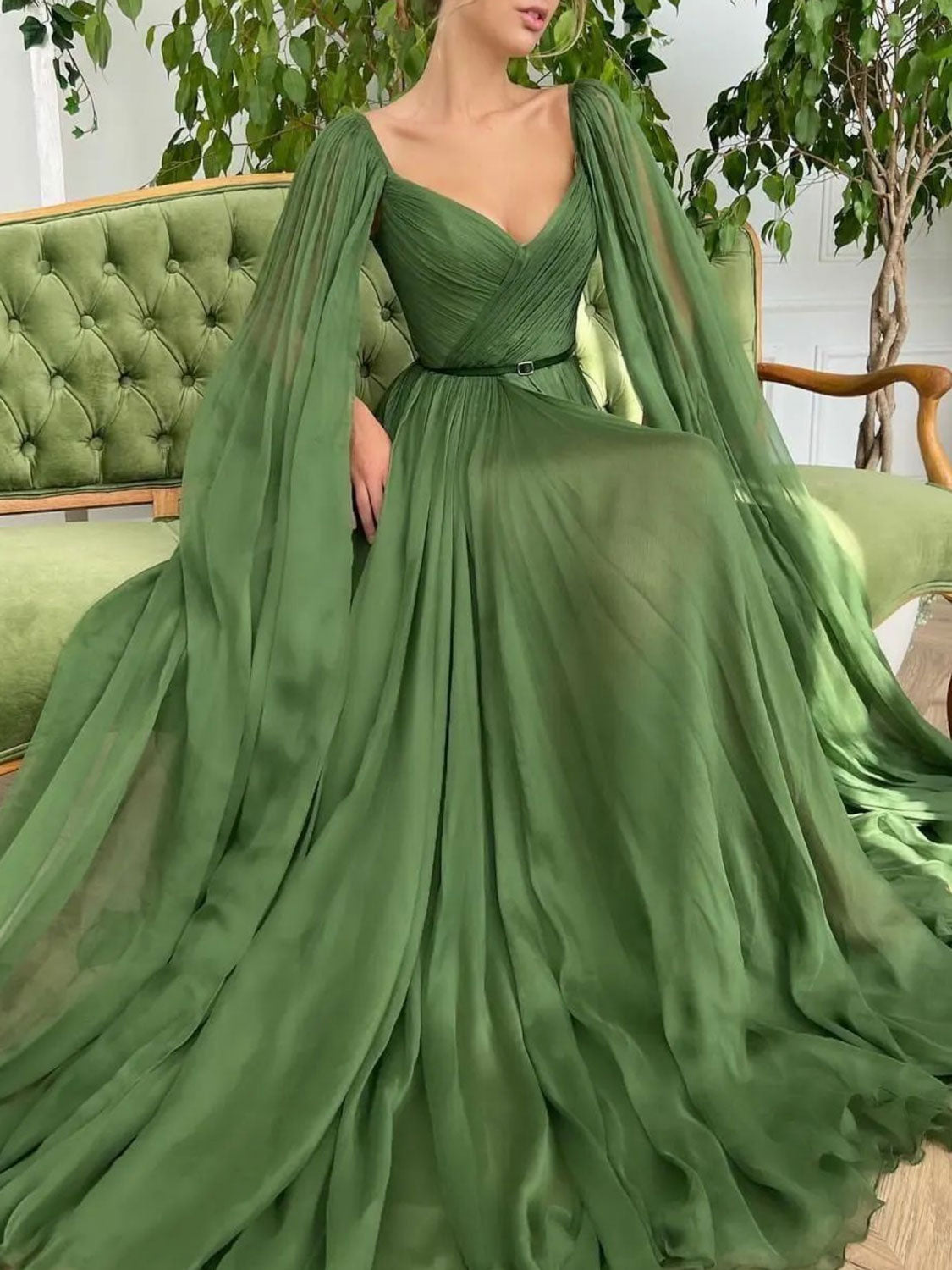 Aline v neck chiffon green long prom dress, green long evening dress
