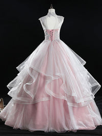 Pink tulle lace long prom dress, pink sweet 16 dress