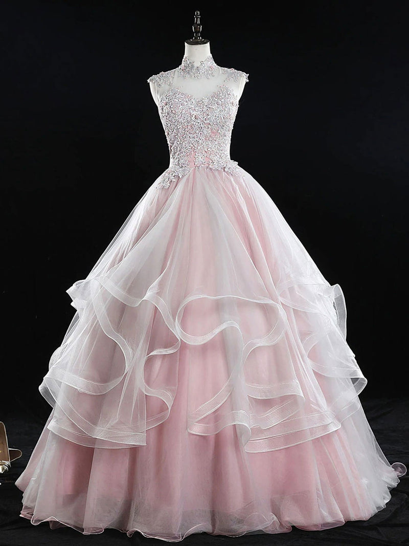 Pink tulle lace long prom dress, pink sweet 16 dress