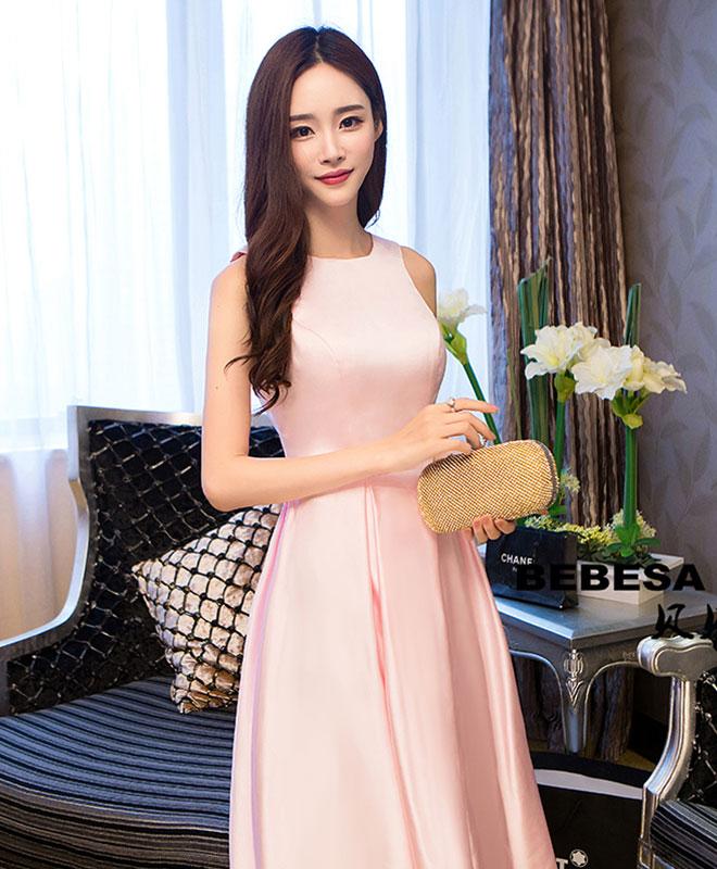 simple pink dress Simple pink satin high neck prom dress pink formal dress – toptby