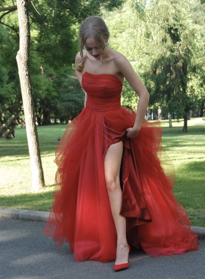 Red tulle long prom dress red tulle formal dress