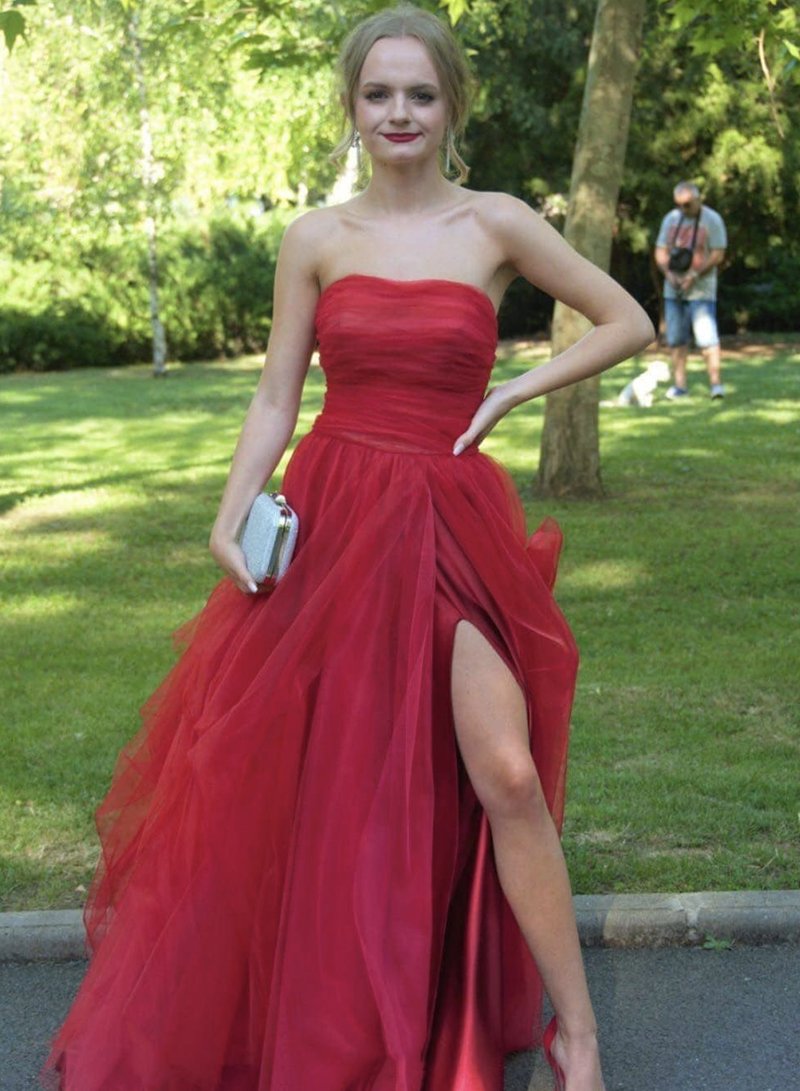 Red tulle long prom dress red tulle formal dress