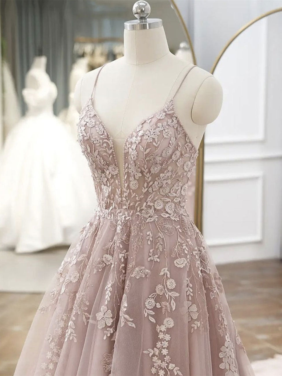 A-Line V Neck Lace Tulle Long Prom Dress, Pink Tulle Formal Dresses